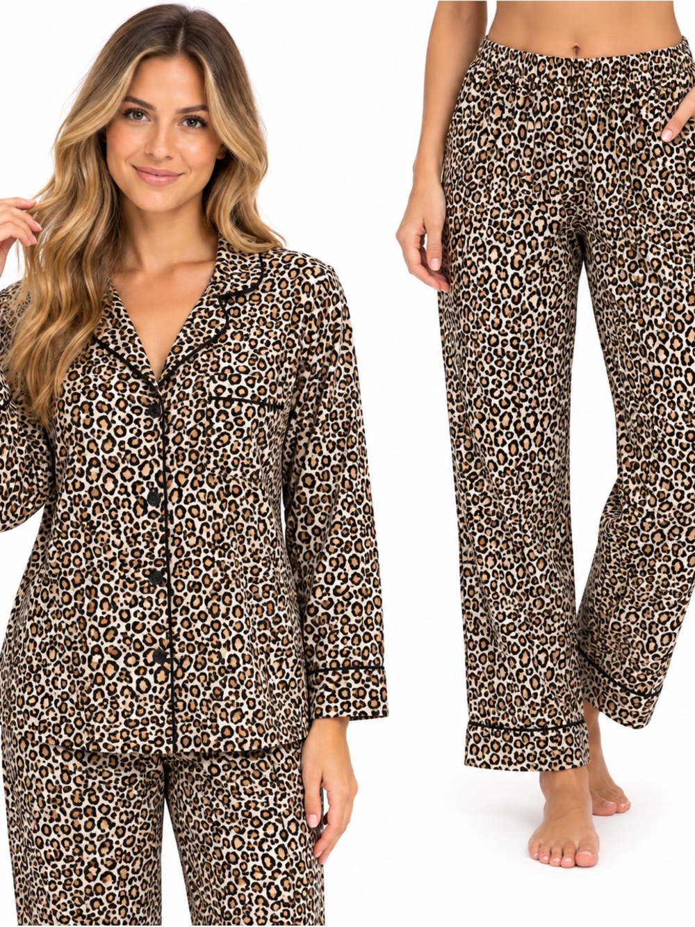 Joyspun Leopard Print Pajama Set - Tan & Black - 1062